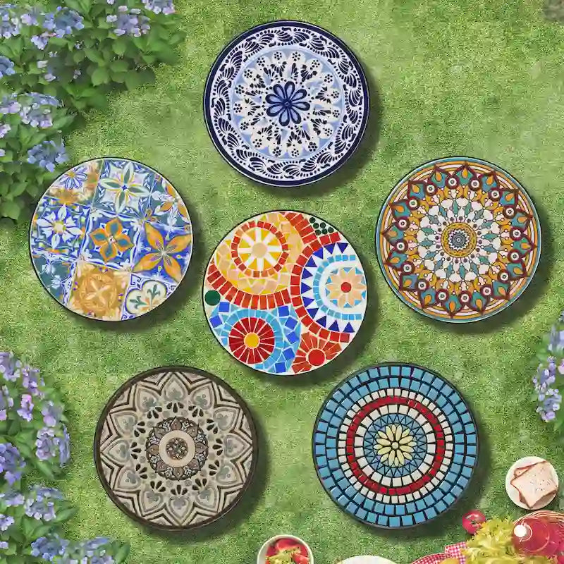 Round Ceramic Outdoor Side Table,Colorful+Black