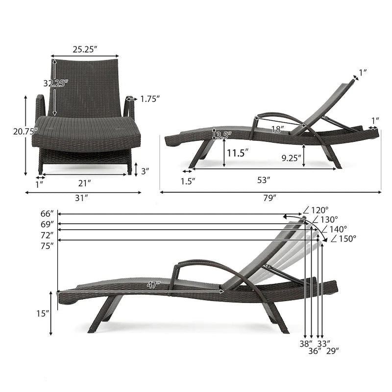 Roomfitters PE Wicker Chaise Lounge with Arm for Outdoor Relaxation, Adjustable Backrest, Stylish Patio Furniture