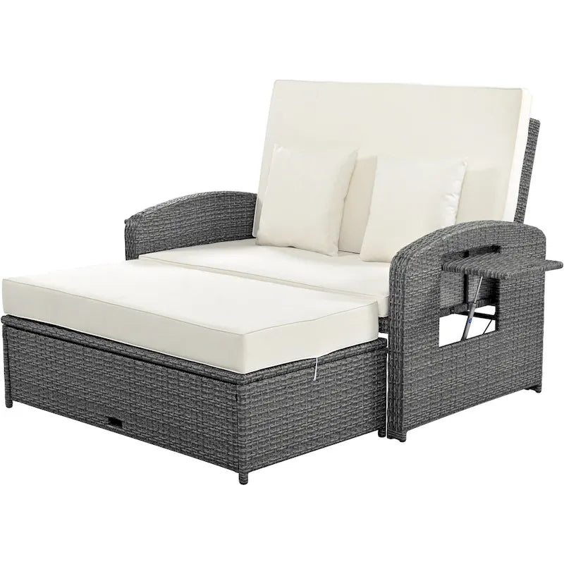 PE Wicker Rattan Double Chaise Lounge, 2-Person Reclining Daybed with Adjustable Back and Cushions, Patio Sun Lounger