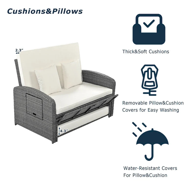 PE Wicker Rattan Double Chaise Lounge, 2-Person Reclining Daybed with Adjustable Back and Cushions, Patio Sun Lounger