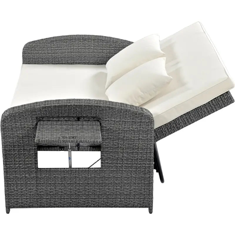 PE Wicker Rattan Double Chaise Lounge, 2-Person Reclining Daybed with Adjustable Back and Cushions, Patio Sun Lounger