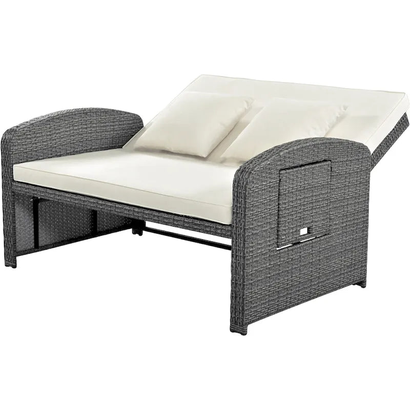 PE Wicker Rattan Double Chaise Lounge, 2-Person Reclining Daybed with Adjustable Back and Cushions, Patio Sun Lounger