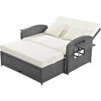 PE Wicker Rattan Double Chaise Lounge, 2-Person Reclining Daybed with Adjustable Back and Cushions, Patio Sun Lounger