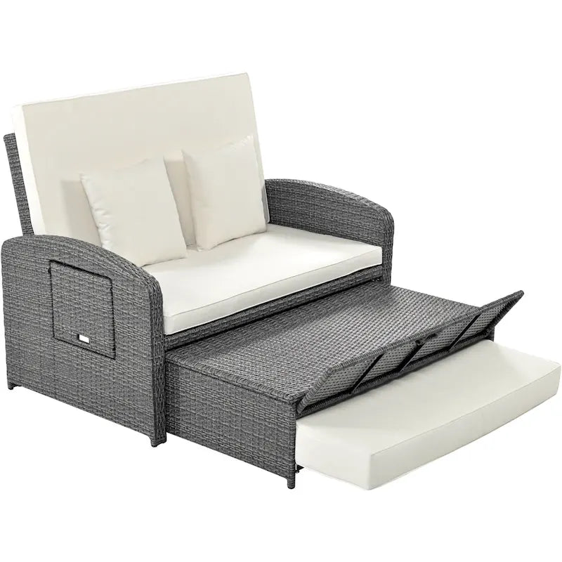 PE Wicker Rattan Double Chaise Lounge, 2-Person Reclining Daybed with Adjustable Back and Cushions, Patio Sun Lounger