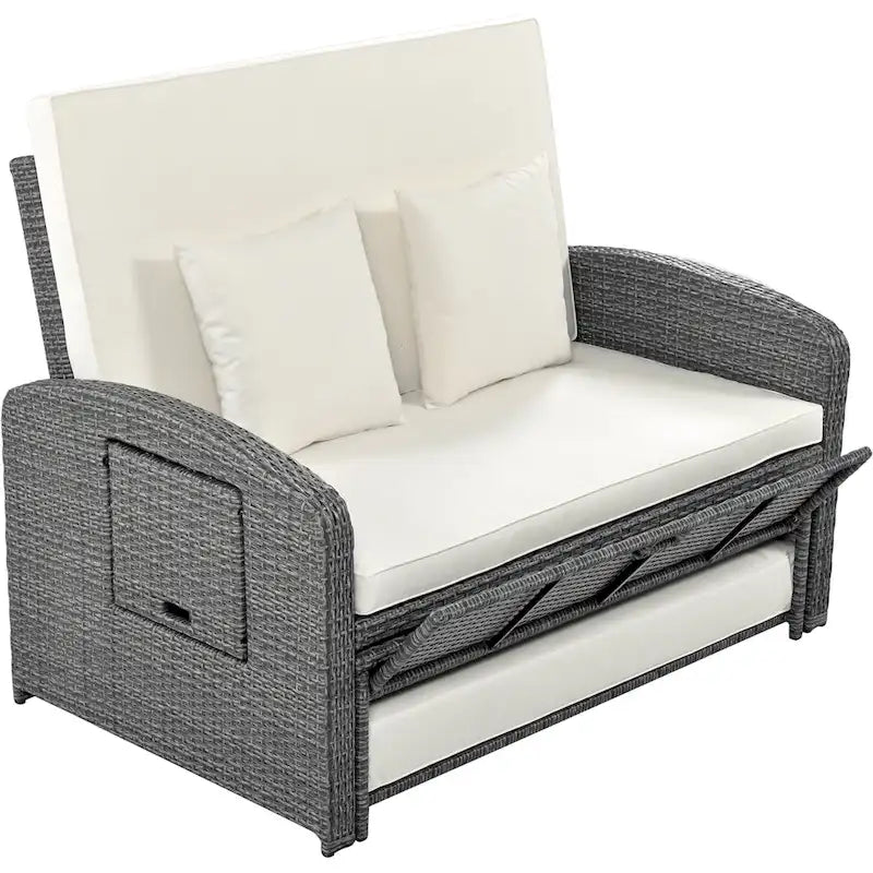PE Wicker Rattan Double Chaise Lounge, 2-Person Reclining Daybed with Adjustable Back and Cushions, Patio Sun Lounger