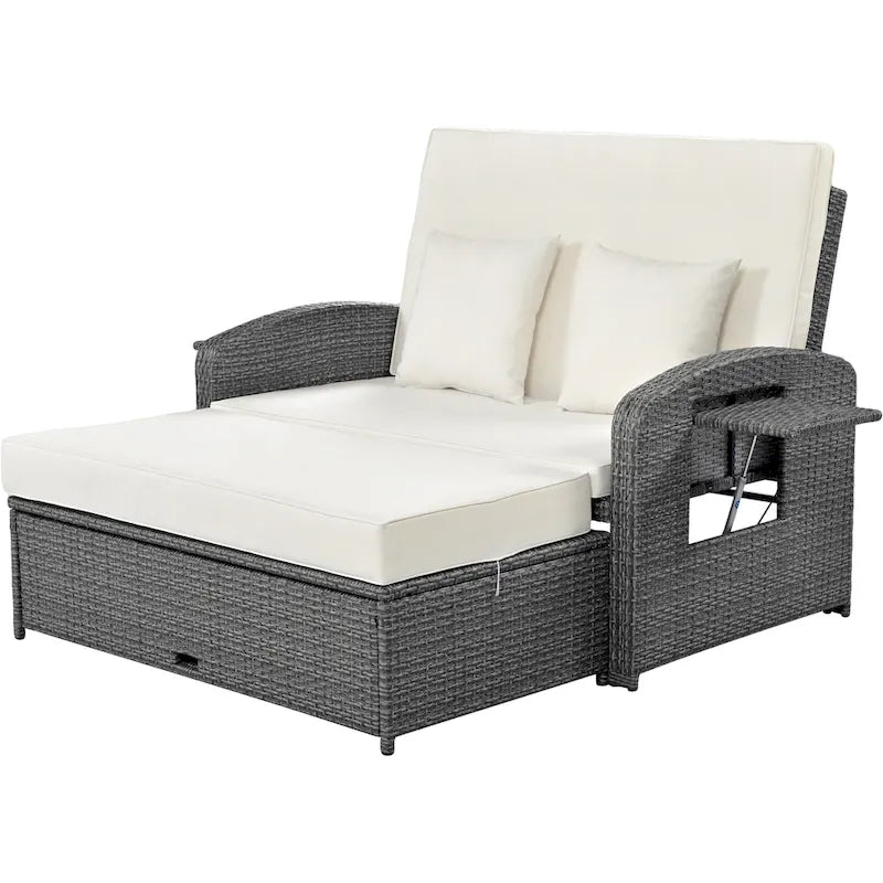 PE Wicker Rattan Double Chaise Lounge, 2-Person Reclining Daybed with Adjustable Back and Cushions, Patio Sun Lounger