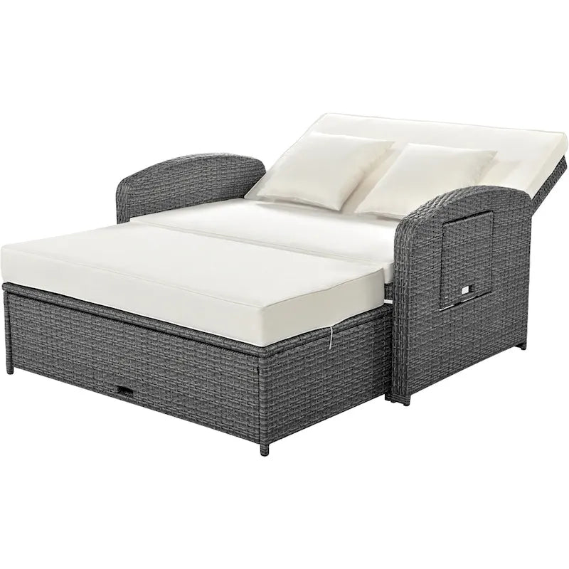 PE Wicker Rattan Double Chaise Lounge, 2-Person Reclining Daybed with Adjustable Back and Cushions, Patio Sun Lounger