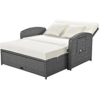 PE Wicker Rattan Double Chaise Lounge, 2-Person Reclining Daybed with Adjustable Back and Cushions, Patio Sun Lounger