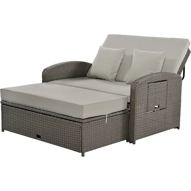 PE Wicker Rattan Double Chaise Lounge, 2-Person Reclining Daybed with Adjustable Back and Cushions, Patio Sun Lounger