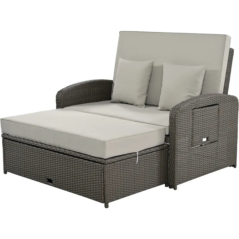 PE Wicker Rattan Double Chaise Lounge, 2-Person Reclining Daybed with Adjustable Back and Cushions, Patio Sun Lounger