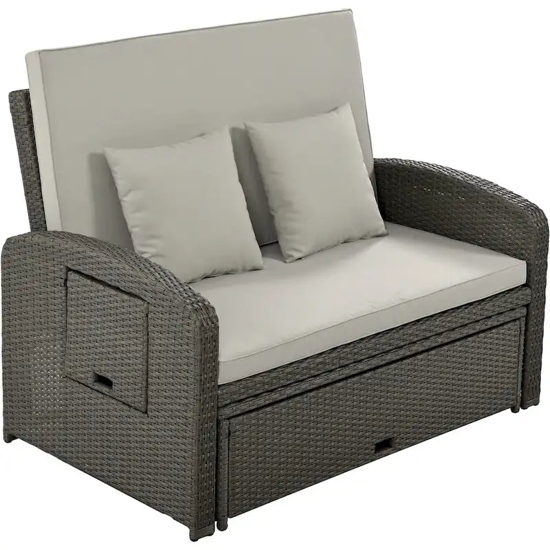 PE Wicker Rattan Double Chaise Lounge, 2-Person Reclining Daybed with Adjustable Back and Cushions, Patio Sun Lounger