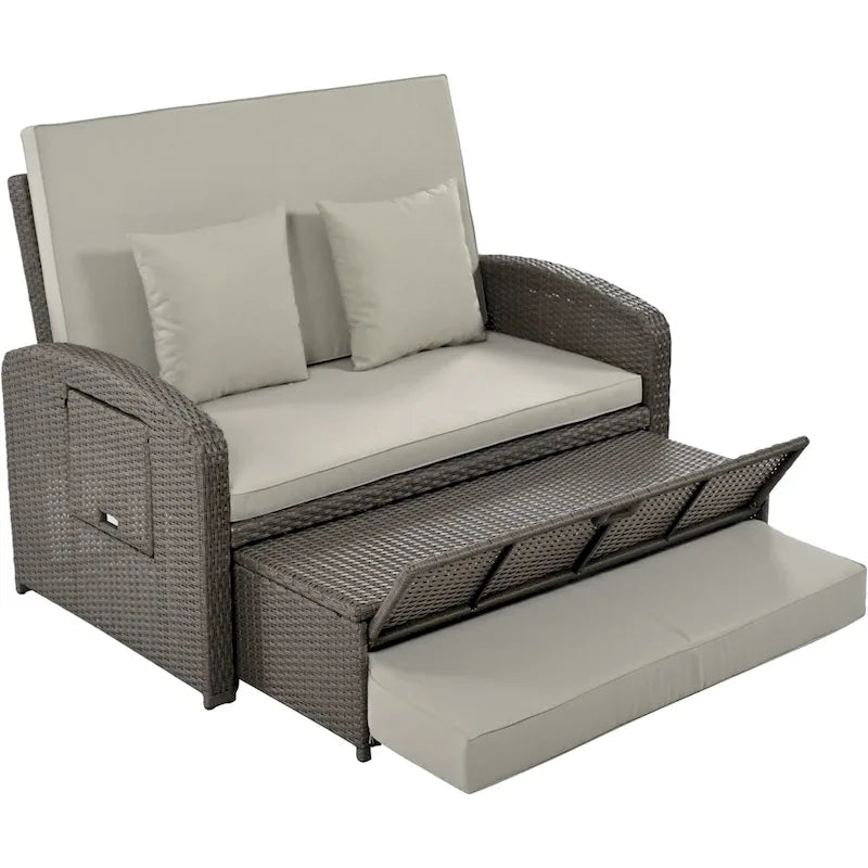 PE Wicker Rattan Double Chaise Lounge, 2-Person Reclining Daybed with Adjustable Back and Cushions, Patio Sun Lounger