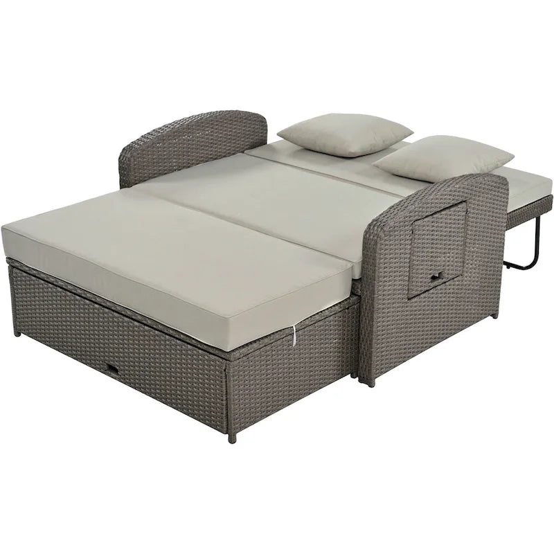 PE Wicker Rattan Double Chaise Lounge, 2-Person Reclining Daybed with Adjustable Back and Cushions, Patio Sun Lounger