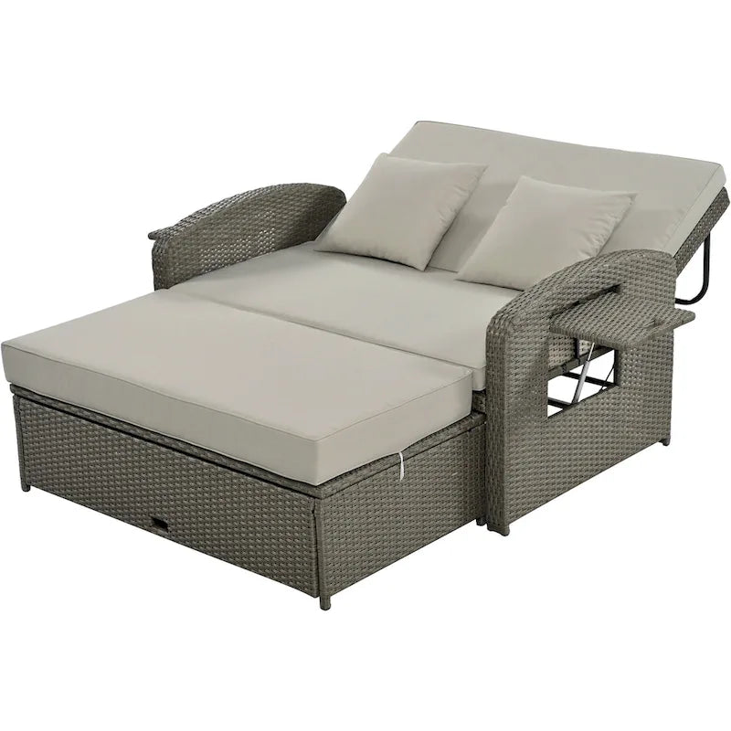 PE Wicker Rattan Double Chaise Lounge, 2-Person Reclining Daybed with Adjustable Back and Cushions, Patio Sun Lounger