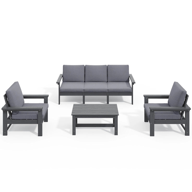 Outdoor Patio HDPE Sectional Sofa and Table Set, Removable Cushions Included