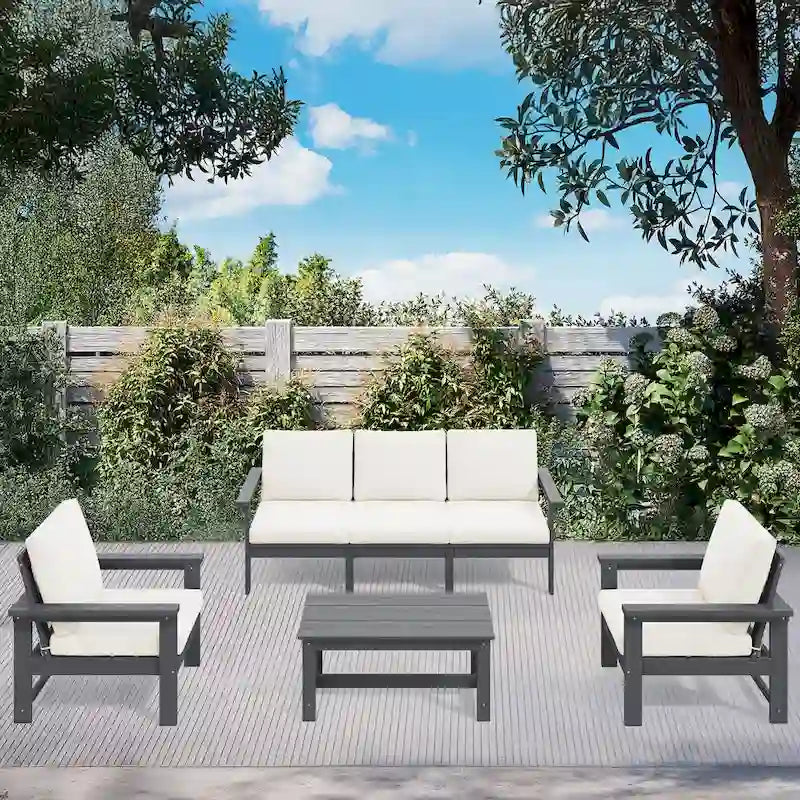 Outdoor Patio HDPE Sectional Sofa and Table Set, Removable Cushions Included