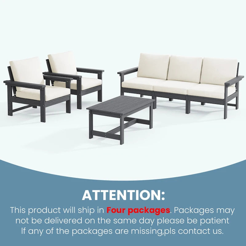 Outdoor Patio HDPE Sectional Sofa and Table Set, Removable Cushions Included