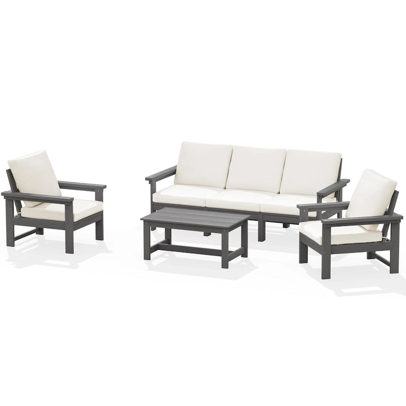 Outdoor Patio HDPE Sectional Sofa and Table Set, Removable Cushions Included