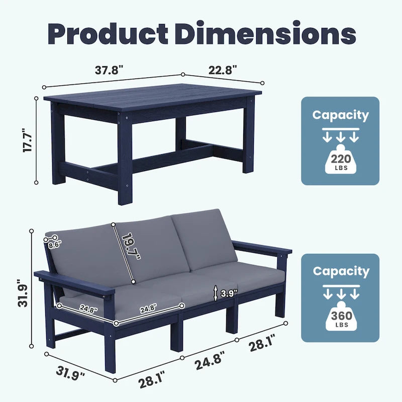 Outdoor Patio HDPE Sectional Sofa and Table Set, Removable Cushions Included
