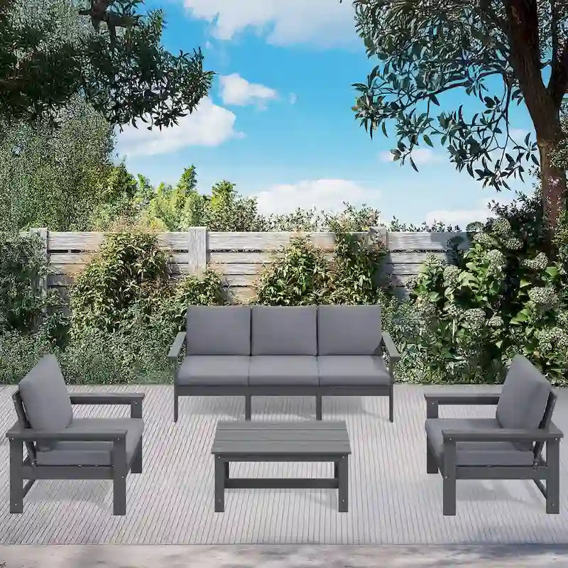 Outdoor Patio HDPE Sectional Sofa and Table Set, Removable Cushions Included
