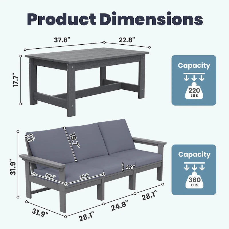 Outdoor Patio HDPE Sectional Sofa and Table Set, Removable Cushions Included