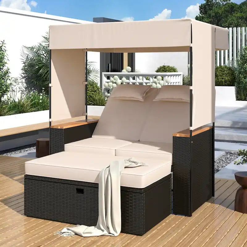 Outdoor 2-Piece Rattan Canopy Daybed Sunbed with Storage & Recliner