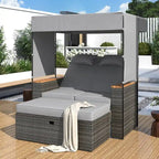 Outdoor 2-Piece Rattan Canopy Daybed Sunbed with Storage & Recliner