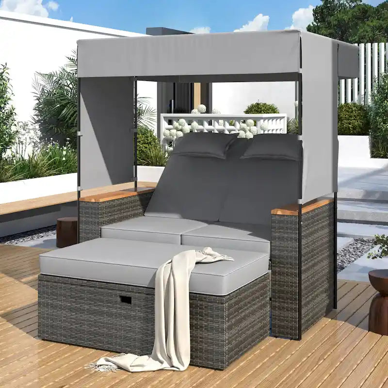 Outdoor 2-Piece Rattan Canopy Daybed Sunbed with Storage & Recliner