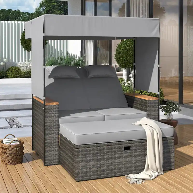 Outdoor 2-Piece Rattan Canopy Daybed Sunbed with Storage & Recliner