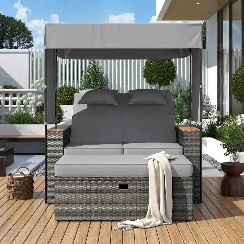 Outdoor 2-Piece Rattan Canopy Daybed Sunbed with Storage & Recliner