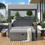 Outdoor 2-Piece Rattan Canopy Daybed Sunbed with Storage & Recliner