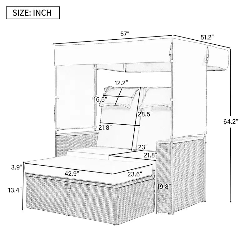 Outdoor 2-Piece Rattan Canopy Daybed Sunbed with Storage & Recliner