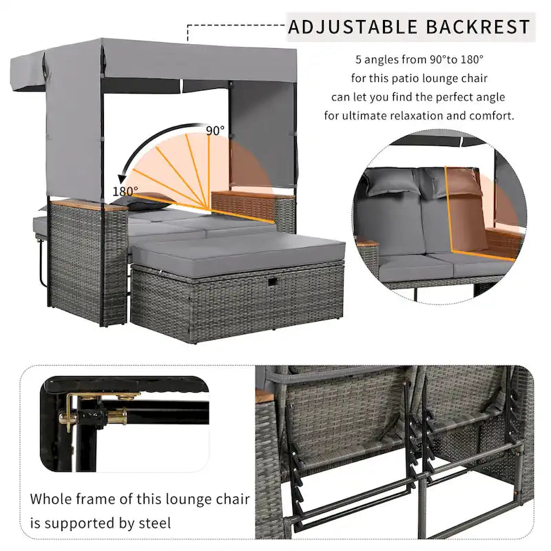 Outdoor 2-Piece Rattan Canopy Daybed Sunbed with Storage & Recliner