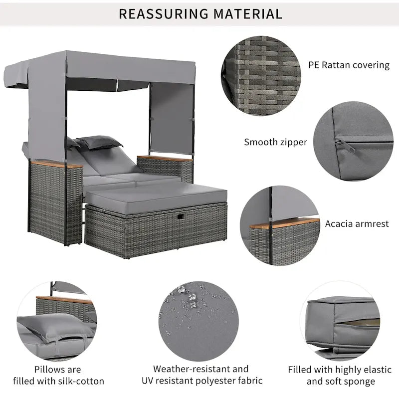 Outdoor 2-Piece Rattan Canopy Daybed Sunbed with Storage & Recliner