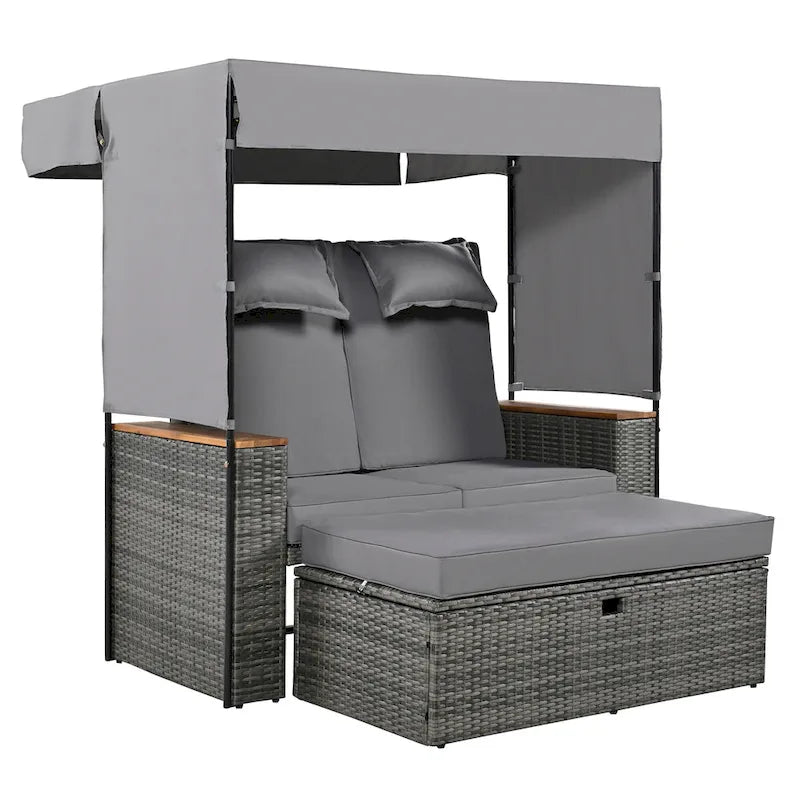 Outdoor 2-Piece Rattan Canopy Daybed Sunbed with Storage & Recliner