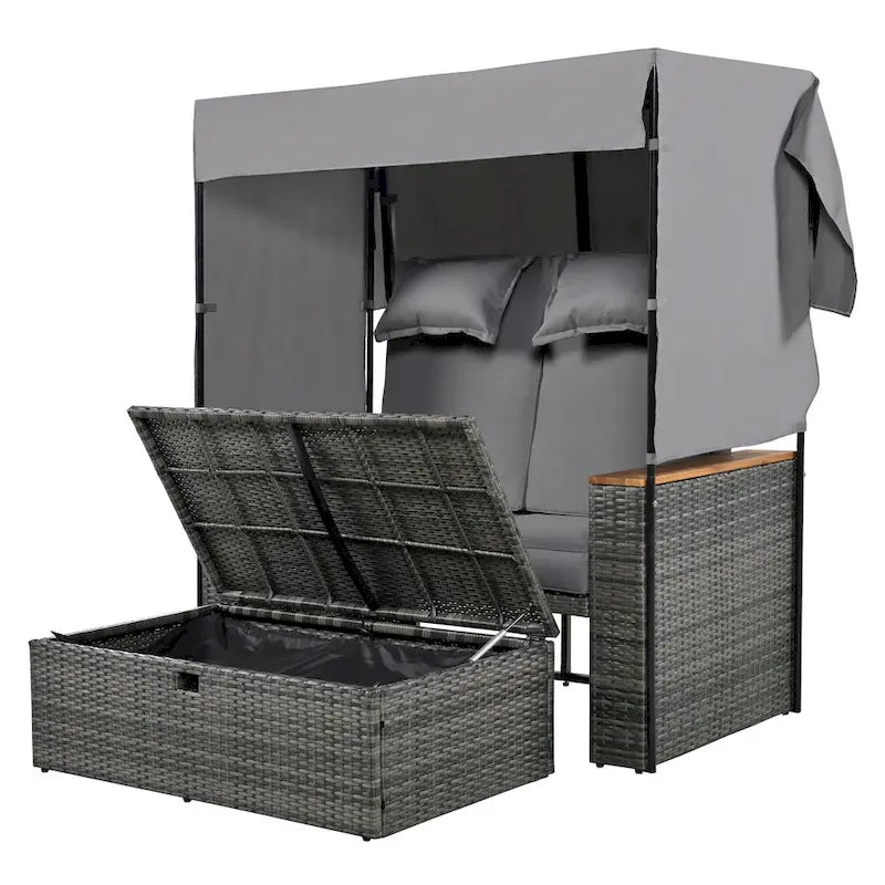Outdoor 2-Piece Rattan Canopy Daybed Sunbed with Storage & Recliner