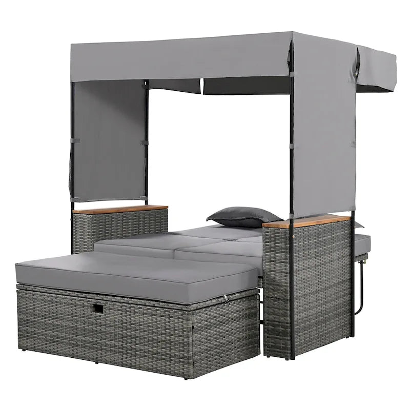 Outdoor 2-Piece Rattan Canopy Daybed Sunbed with Storage & Recliner