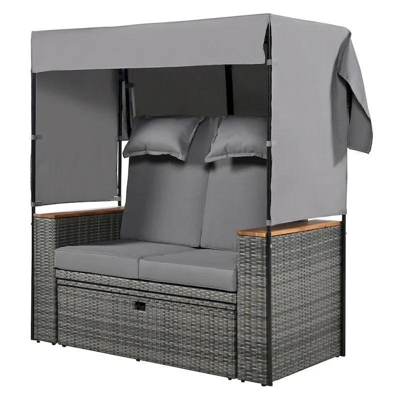 Outdoor 2-Piece Rattan Canopy Daybed Sunbed with Storage & Recliner