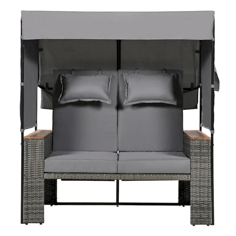 Outdoor 2-Piece Rattan Canopy Daybed Sunbed with Storage & Recliner