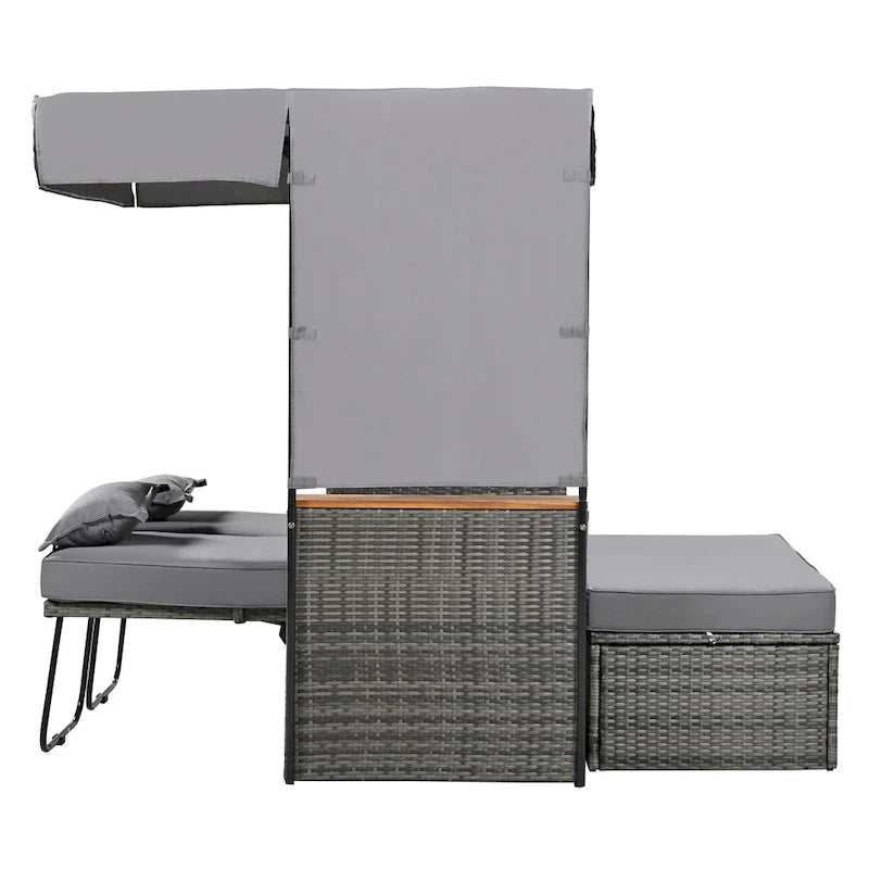 Outdoor 2-Piece Rattan Canopy Daybed Sunbed with Storage & Recliner