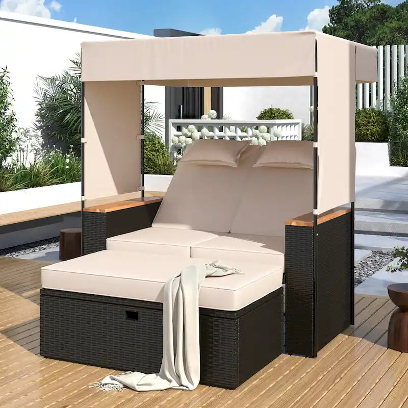 Outdoor 2-Piece Rattan Canopy Daybed Sunbed with Storage & Recliner
