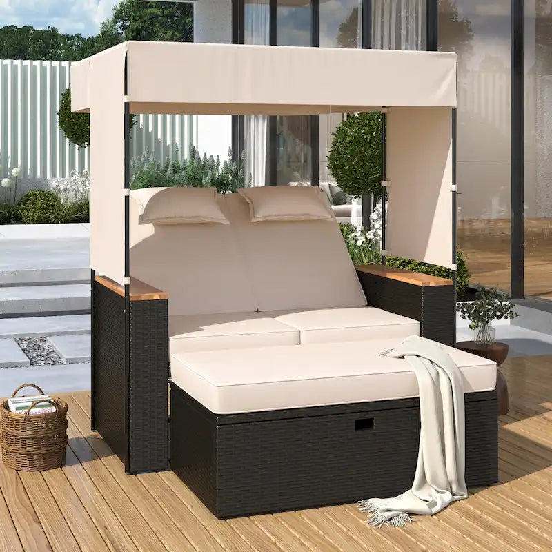 Outdoor 2-Piece Rattan Canopy Daybed Sunbed with Storage & Recliner