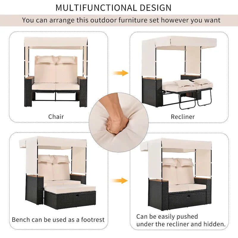 Outdoor 2-Piece Rattan Canopy Daybed Sunbed with Storage & Recliner