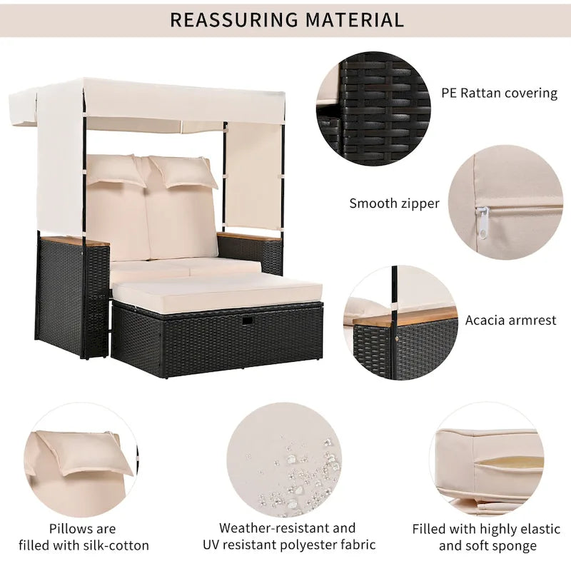 Outdoor 2-Piece Rattan Canopy Daybed Sunbed with Storage & Recliner