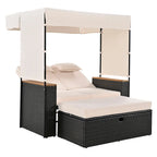 Outdoor 2-Piece Rattan Canopy Daybed Sunbed with Storage & Recliner