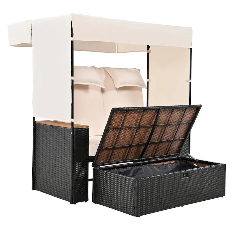 Outdoor 2-Piece Rattan Canopy Daybed Sunbed with Storage & Recliner