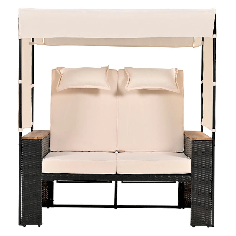 Outdoor 2-Piece Rattan Canopy Daybed Sunbed with Storage & Recliner