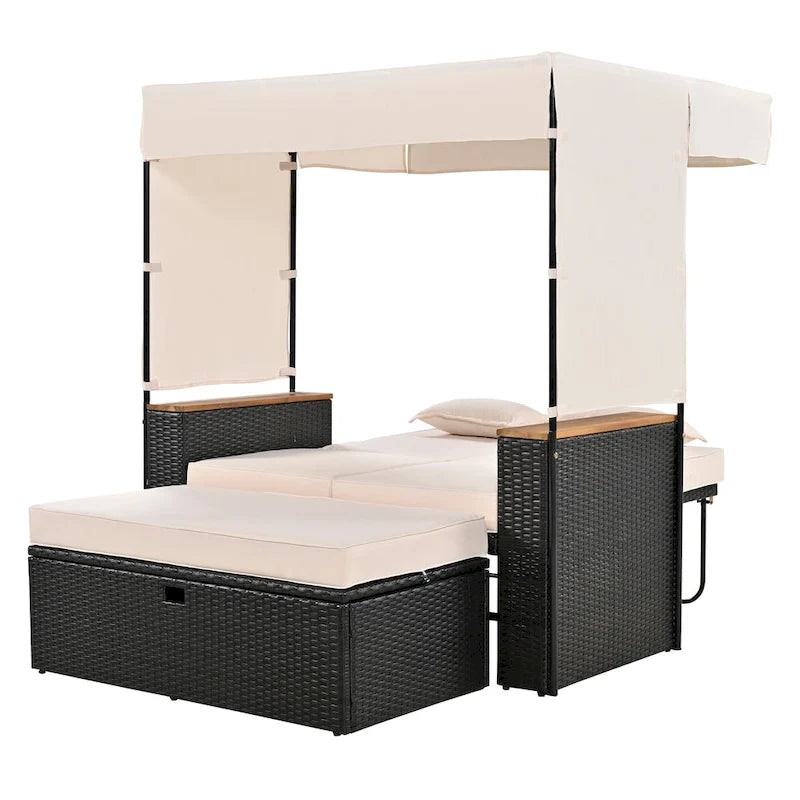 Outdoor 2-Piece Rattan Canopy Daybed Sunbed with Storage & Recliner