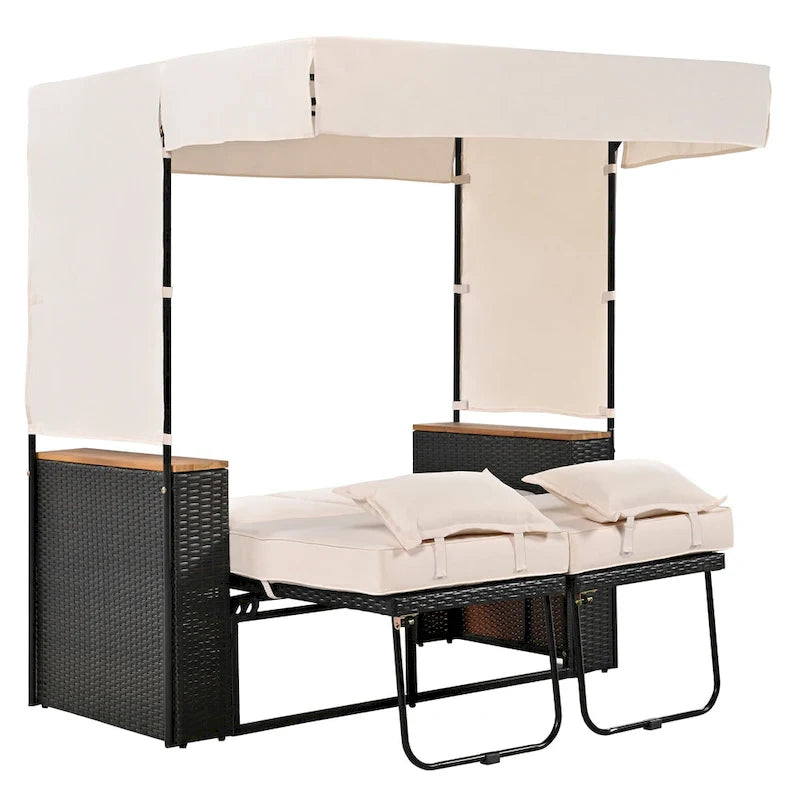 Outdoor 2-Piece Rattan Canopy Daybed Sunbed with Storage & Recliner