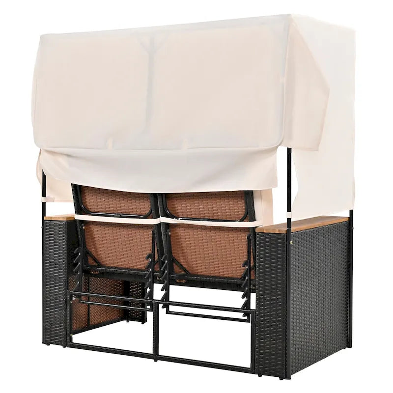 Outdoor 2-Piece Rattan Canopy Daybed Sunbed with Storage & Recliner